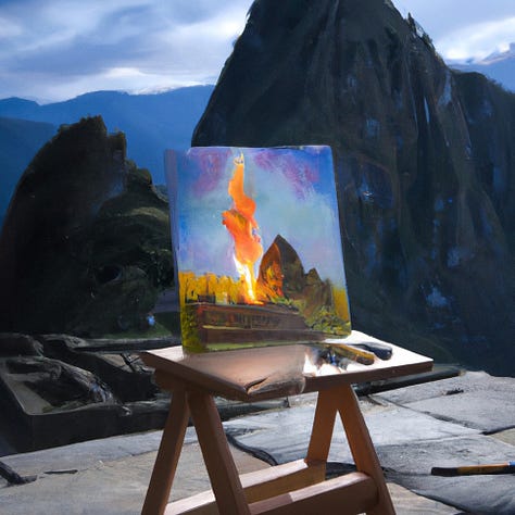 Landscape paintings of Machu Picchu on fire being painted on an easel on Machu Picchu 