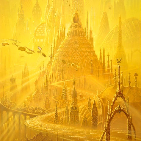 LEFT: Detail from CITY OF GOLDEN SHADOWS featuring the central dome rendered in gold. Atop is a large jeweled window in teardrop shape. A shimmering cascade snakes around it through a variety of spires and out an ornate gate of intersecting arches. CENTER: Close detail from CITY OF GOLDEN SHADOWS featuring the gate in the lower right foreground. The gate is formed by the intersection of two parabolas, one wider and shorter than the other. It has an ornate spire rising from the top decorated at the top with a winged circle perched on a triangle. A shimmering trail snakes through and around the points of towers erected in a variety of styles. RIGHT: Close detail from CITY OF GOLDEN SHADOWS featuring a nonsensical stream of symbols including a a dove, padlock, ammonite, hourglass, rowboat starfish, tobacco pipe, trilobite, hand mirror, swimming woman, fish, pocket watch, scissors, school bus, and wavy ladder.