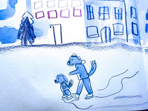 illustrations of dogs driving, ice skating, and skiing by Beth Spencer