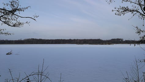 Frozen lakes and fields, and a snow-covered pedestrian bridge, hiking through the Spreewald in winter.