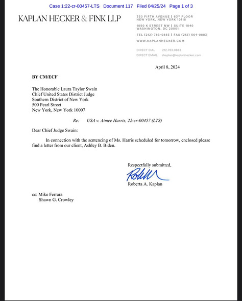 Letter to Judge by Ashley Biden, confirming the authenticity of the diary in question