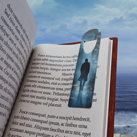 A collection of metal bookmarks featuring images with an urban fantasy feel