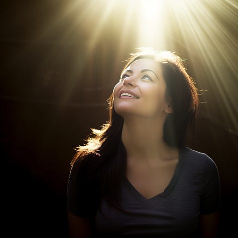 Photo of a woman, teddy bear, and rose, sunbeams