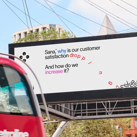 1 - Sana billboard at London's Old Street Roundabout with a bus in the forefront, 2 - Lauren on stage at the Sana AI Summit, 3 - Sana featured on the Nasdaq billboard in Times Square New York