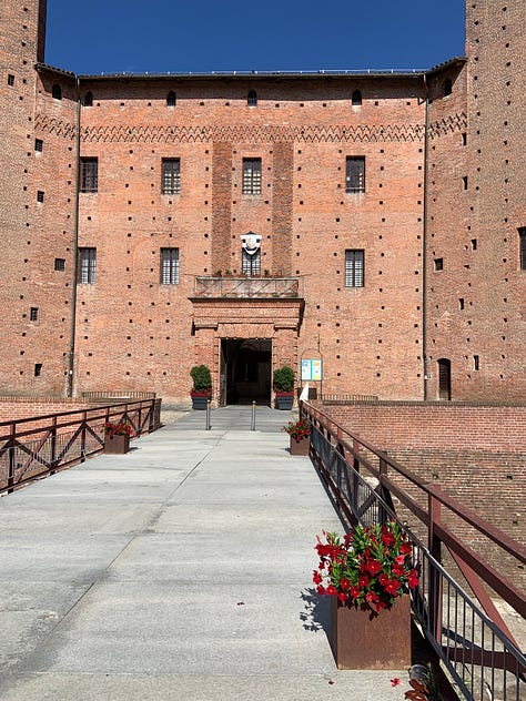 Main entrance, court, secure, throne aula, view from the tour, patrol walk of the castle of Fossano