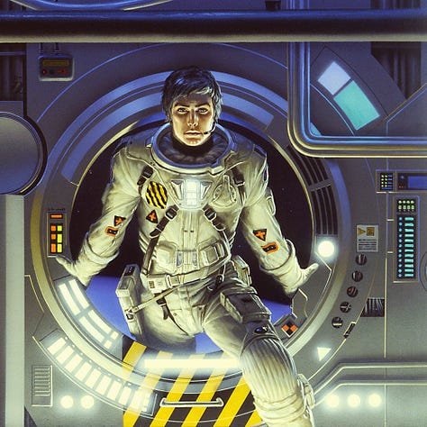 LEFT: Detail from DISTANT STARS featuring the female astronaut bracing herself with one arm on the porthole and a foot resting on yellow and black caution markings, which angle down the bulkhead in a pattern from left to right. In her opposite arm, she cradles the helmet of her spacesuit. At the top of the helmet, the artist’s sigil is emblazoned in glowing purple. CENTER: Preliminary sketch of the female astronaut with notes in the margin including, "Everything in fabric covered except outlets for hoses, plastic. Strap-catch grommet, rivets, snaps." RIGHT: Detail from DISTANT STARS featuring a male astronaut stepping through the porthole while gripping the sides with both hands. Yellow and black caution markings angle down the bulkhead in a pattern from right to left.