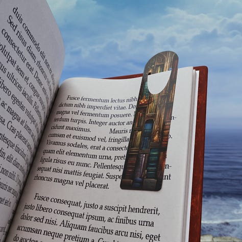 A collection of metal bookmarks featuring images with an urban fantasy feel