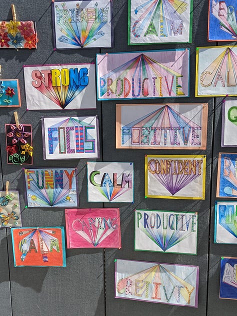 images of paper quilling, word art, and a colorful drawing showing a doctor holding up the world from the top of a large coronavirus