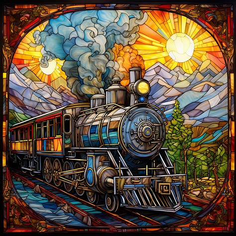 Stained glass flower / kangaroo / train prompt in MJ