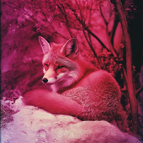 Fox, fruit basket, shooting stars, Aerochrome in Midjourney