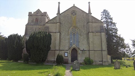 St Michael and All Angels Church, Atworth, Wiltshire. The photos show the church and one shows the connecting passage between the 19th century church and the original 15th century tower. The third photo shows the entrance door. Images: Roland's Travels