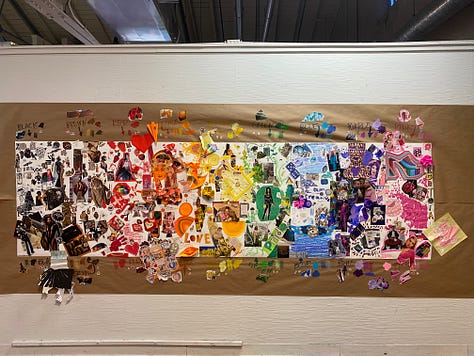 A 10 foot collaborative philly pride flag collage, a "we have always existed" sticker featuring a circular stained glass rainbow and magnolia flower, and two banners with colors of the trans flag reading "we have always existed" and "we will always exist".