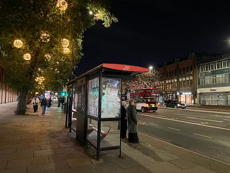 A variety of pictures of London streets at night. One shows a bus stop with people waiting at it. Another a bike locker and other bike parking. Another shows a van and car for hire. The rest show street scenes with Georgian town houses and empty streets lit by street lights