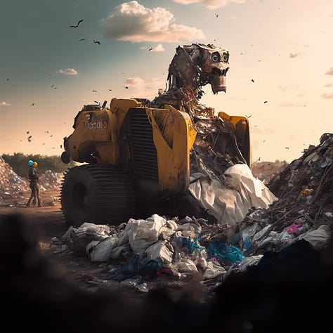 Robot dozers in a landfill from MidJourney 