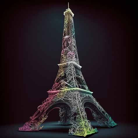 Midjourney generated images for Eiffel Tower + silly string | Car + potatoes | Tree + plastic bottles