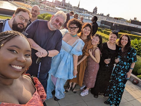 A selfie of me with all the other shortlisters, a photo taken by Marve of herself with us all, a photo of me with Adjoa Andoh, Calah & Ewen Ma.