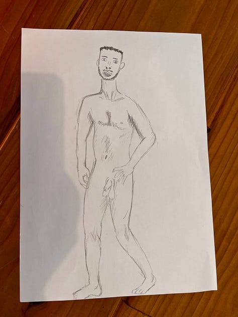 male nude model in life drawing hen party poses