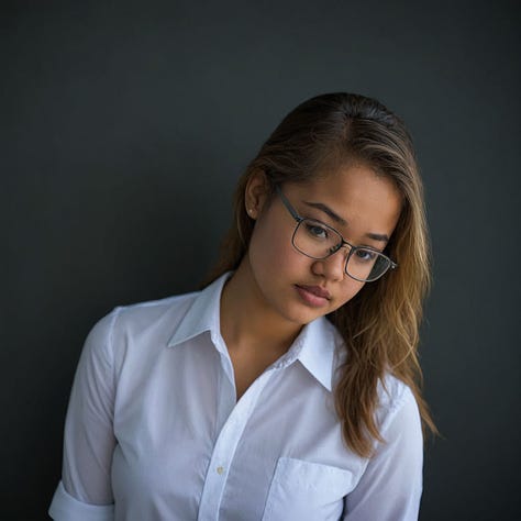 A young woman wearing glasses and a white button-up shirt in different poses