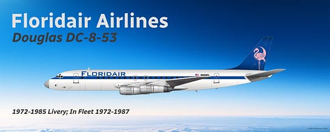 A selection of historic Floridair passenger aircraft: 1) Douglas DC-8-53; 2) Douglas DC-8-73; 3) Boeing 707-320B; 4) Boeing 727-100; 5) Boeing 727-200; 6) Boeing 737-800; 7) Boeing 737-900ER; 8) Boeing 757-200; and 9) Boeing 767-300ER - all shown in side view.