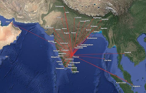 Gallery of route maps for the following Patel Air hub airports: 1) Bangalore-BLR (HQ City); 2) Ahmedabad-AMD; 3) Delhi-DEL; 4) Kolkata-CCU; 5) Hyderabad-HYD; 6) Mumbai-BOM; 7) Chennai-MAA; 8) Goi-GOI; and 9) Nagpur-NAG. (Map links also available in Destinations list following.)