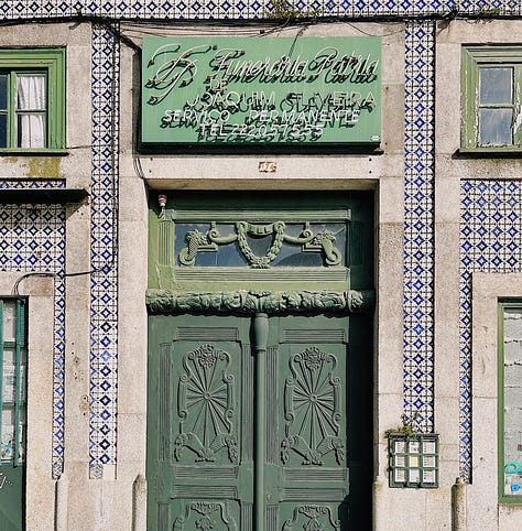 Photos of blue and white tiles, orange rooftops, and cathedral cloisters in Portugal, with a young white man and woman in frame