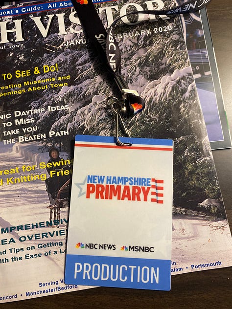NBC employee ID, Joshua with Lester Holt, Joshua with Joy Reid, New Hampshire Primary ID badge, Joshua wearing badge, Joshua next to his picture in a promotional poster for NBC News NOW, 30 Rock lit up on Election Night 2020, Joshua at the MSNBC anchor desk during COVID-19 coverage