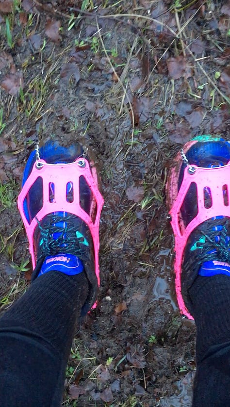 Images: 1. up on Craigellachie summit at 8.30am; 2. me on Craigellachie summit with Aviemore and Cairn Gorm in the windy backdrop; 3. Hoka trail shoes in micro crampons on wet peaty ground; 4. the wet peat bog “trail” down from Craigellachie; 5. looking disgruntled at the bottom of the hill.