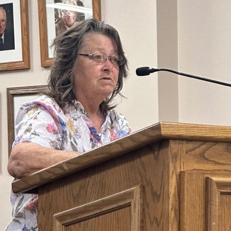 Andrew Fulbright, Joseph Carder, Alice Lawson, April Ramirez, Veno Nathraj and Sandy Smith address the Twentynine Palms City Council during public comment on August 8, 2023  