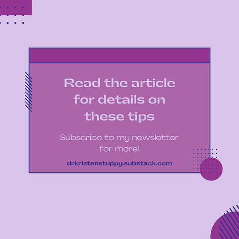 A series of 9 slides with a one-line summary of each of the tips in the article on a purple background with an icon representing each tip.