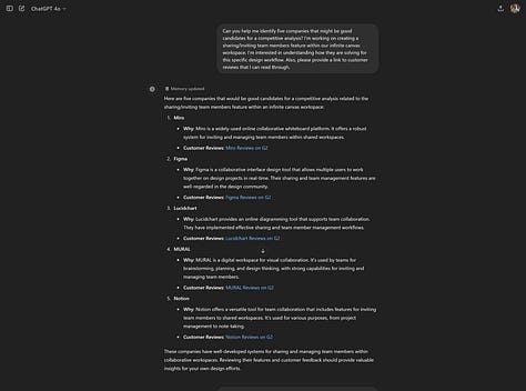 The conversation starts with the user asking for companies that could be analyzed for their approach to a team-sharing/inviting feature within an infinite canvas workspace. The assistant suggests five companies and provides customer review links. The user then requests a refined list that includes only apps available on Mobbin, along with customer reviews and Mobbin links. The assistant provides this refined list and further details why Asana and Trello are particularly good candidates for the user's research focus, highlighting their task management, visual collaboration, ease of use, and customizable workflows.