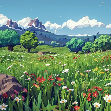 Dog, lamp, meadow - low poly