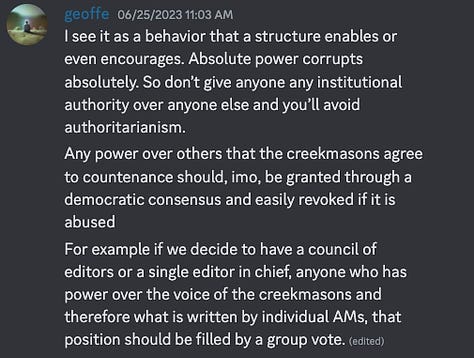 Geoff discusses democracy and authority on the Creekmason discord.