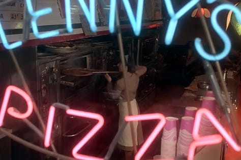 Double Decker Pizza Slices in Saturday Night Fever (1977) with John Travolta walking the streets of Brooklyn | Film Flavor: A Newsletter Surveying Food in Film