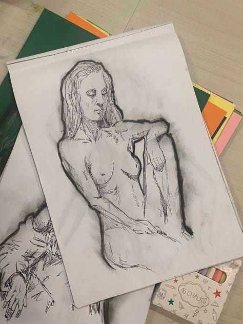 Life drawing of female nude model in Wales