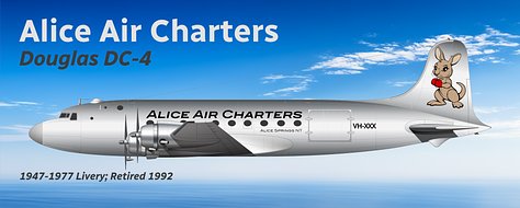 A selection of former fleet aircraft: 1) Alice Air Charters Douglas DC-4 (1947-1998); 2) Air NT Beechcraft King Air 250 Combi (1977-1998); 3) Air NT Beechcraft King Air 250 Standard (1977-1998).