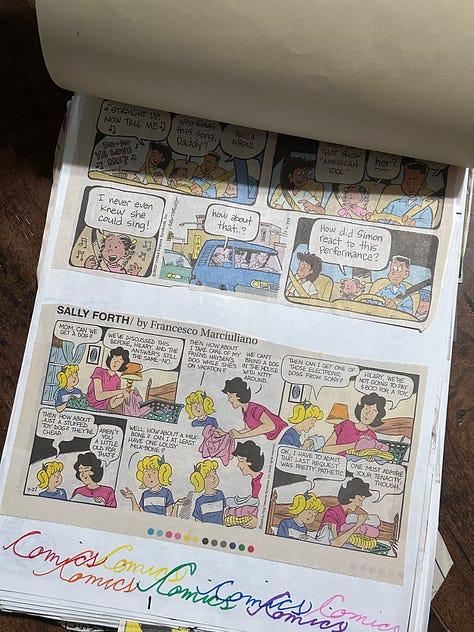 Comic strips from the Sunday paper cut out and glued to pieces of printer paper and then held together by binder clips. The front cover is a manila piece of cardstock with colorful lettering: "Comics of all my favorite comics"