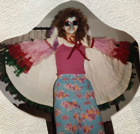 Hideous proof of the author's 7th grade fiasco: glasses, braces & headgear, some train wreck of a Halloween costume with home made Bermuda shorts, a feathered cape, and a bird beak. At least there was redemption of the cheer-nerd in orange, black and four eyes.