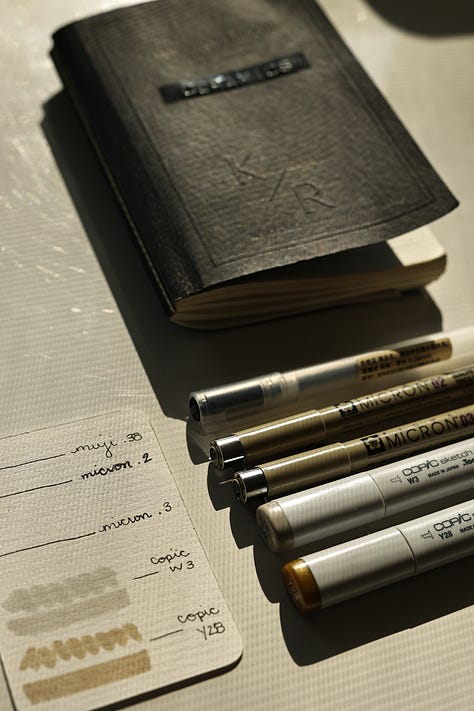 Golden light enters the sunroom where it shines on the small 4x6 ceramics notebook, the 3 pens and 2 markers chosen and a small card to showcase the palette and lines of each pen. It's time to journal!