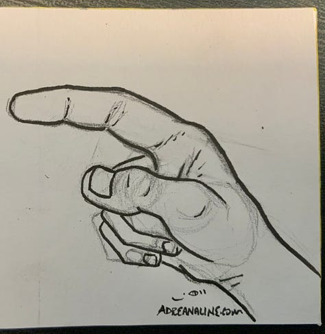 A relaxed "G" handshape from pencils to near-final art.