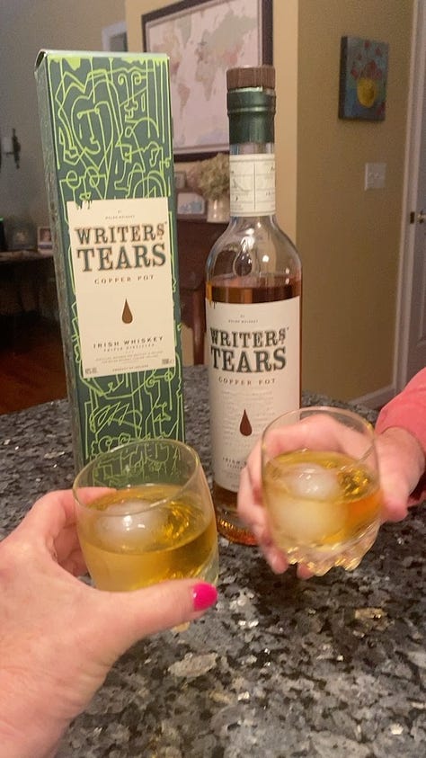 Woman signing book contract, two hands toasting, two women holding a bottle of writers tears