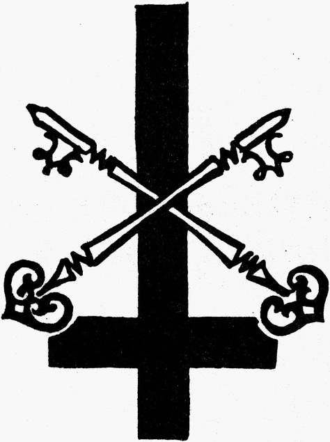 The Argentine coat of arms which includes a Phrygian cap; Saint Peter's cross, i.e. an upside down cross, in this case with two overlapping keys; and the cover of the book Psychiatric Hegemony