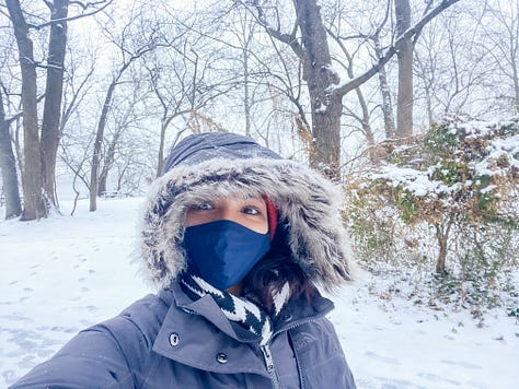 Selfie photo of woman with her apartment in the background; photo from a coach of a desk and window, mirror selfie of a woman in sweats, mirror selfie of a woman in sweats, photo of a Zoom Thanksgiving party, selfie of woman in winter clothes, selfie photo of woman in snowy landscape, photo of icicles from a car rearview window, mirror selfie photo of a woman in winter clothes