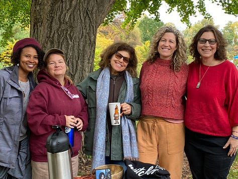 Six images include Ava, a beautiful brownskinned woman, a collage of tea and crsytals, five women stand under a large tree, a leather journal with a bird on it, Gabrielle, a white skinned woman with long brown hair and a branch with three purple figs.