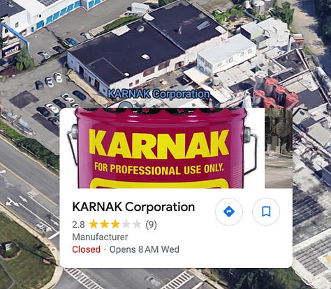 Map info for KARNAK Corp., manufacturers of liquid-applied roofing solutions, building envelope, and waterproofing products, The Hair Tailors hair salon, The Gran Centurions banquet hall, Tarantella's Ristorante, and Hooks Towing.