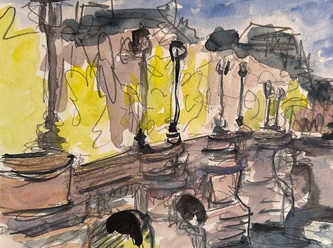 Watercolor sketch of the rue Montorgeuil is Paris, of the Pont Neuf, and four sketches of preening swans.