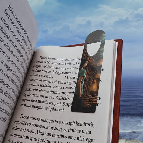 A collection of metal bookmarks featuring images with an urban fantasy feel