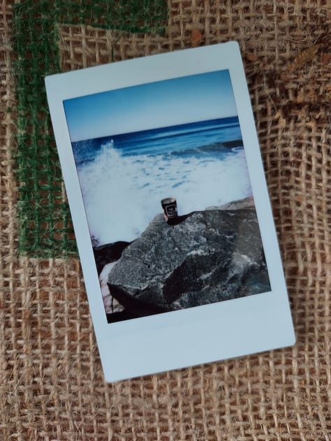 Instant photographs of coffee mugs or a bearded man drinking coffee.