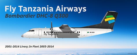 A selection of former aircraft used by Swahili Coast Airlines and its immediate predecessor, Fly Tanzania Airways: 1) Douglas DC-9-30, 2) Fokker F27 Friendship, 3) de Havilland DHC-6 Twin Otter, 4) Bombardier CRJ200, 5) Bombardier Dash 8 Q300, and 6) Cessna 208B Grand Caravan - all shown in side view.A selection of former aircraft used by Swahili Coast Airlines and its immediate predecessor, Fly Tanzania Airways: 1) Douglas DC-9-30, 2) Fokker F27 Friendship, 3) de Havilland DHC-6 Twin Otter, 4) Bombardier CRJ200, 5) Bombardier Dash 8 Q300, and 6) Cessna 208B Grand Caravan - all shown in side view.