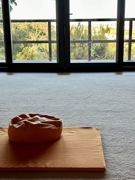 Buddhist monastery, trees, mediation cushion, shrines 