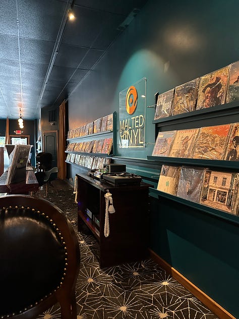 Vinyl records in a lounge with non-alcohol drinks